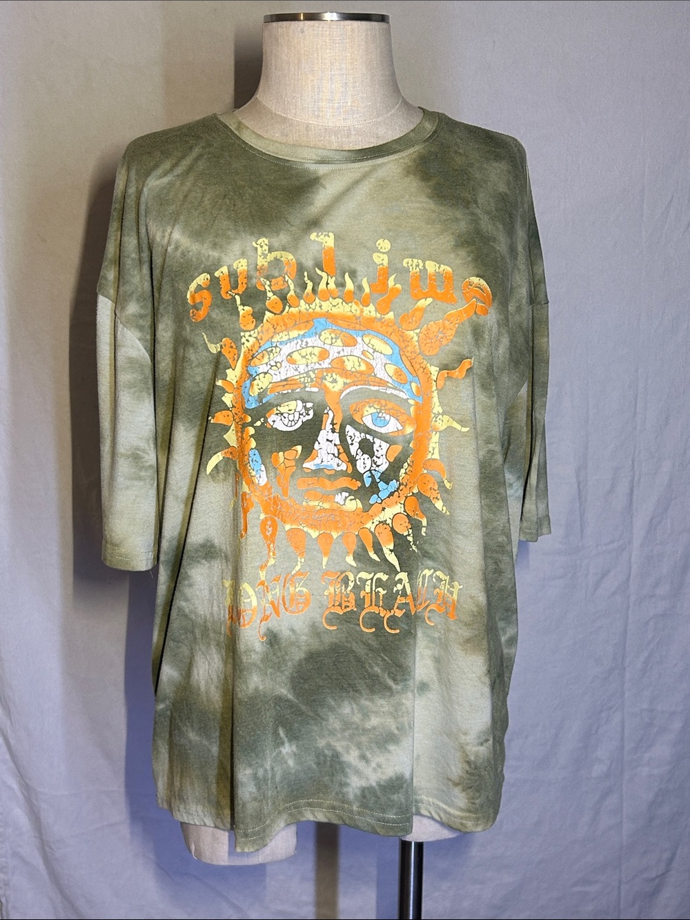 Kids Olive Tie-Dye Graphic Tee with Orange Sun Print